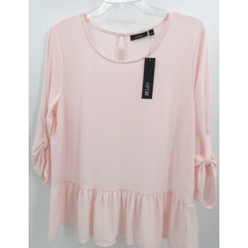 APT 9 RIBBED SILKY 3/4 SLEEVE PEPLUM TOP  Women's Large PALE PINK NEW‎ WITH TAGS